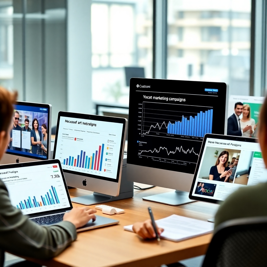 A photorealistic image depicting various digital devices showcasing successful marketing campaigns, website analytics, and positive customer interactions. Bright lighting, modern office setting. Focus on successful campaigns and engagement. Resolution: 4K