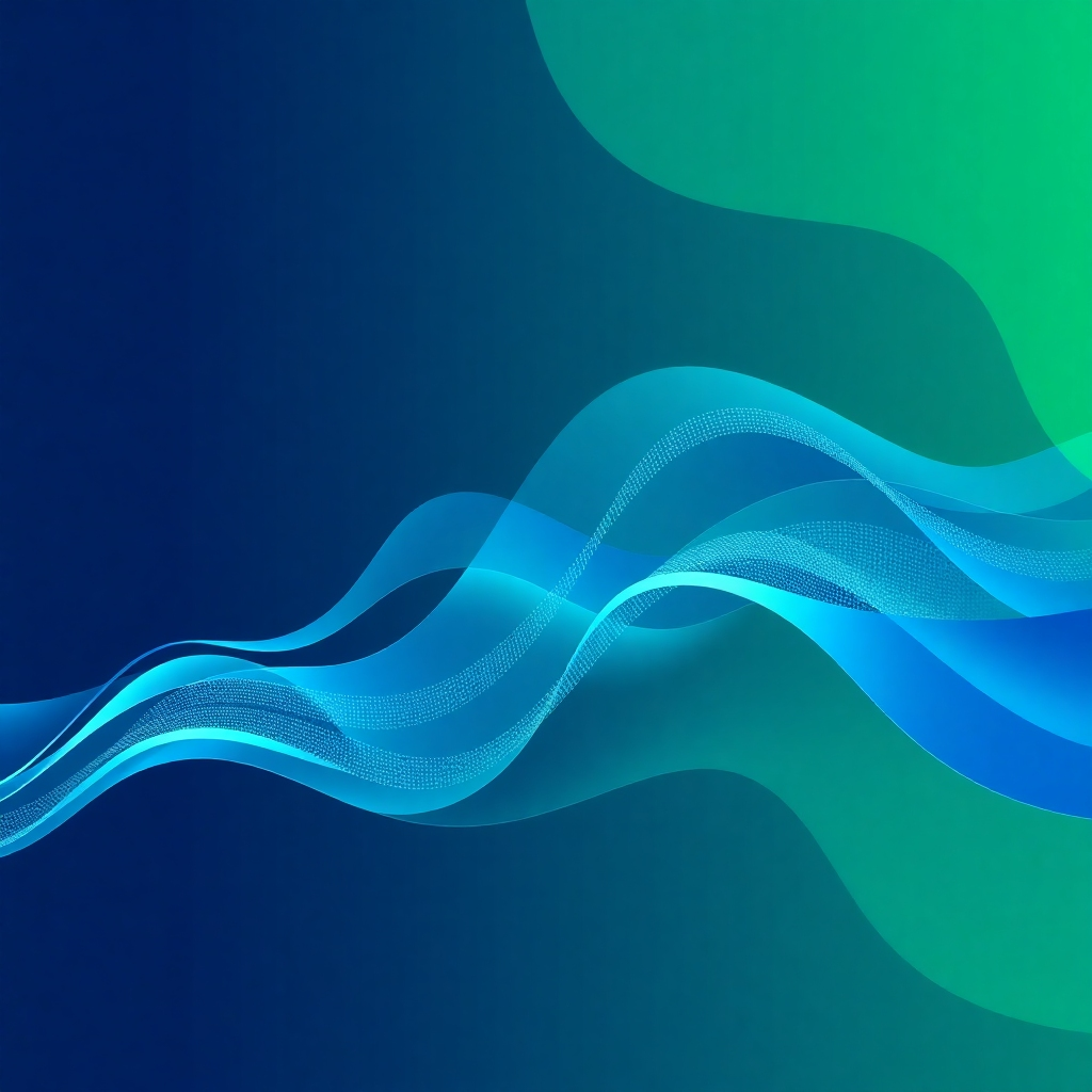 Stylized image: Abstract representation of automated processes, flowing seamlessly. Use a color palette of blues and greens to convey efficiency and calm. Resolution: 4K. Style reference: Abstract data visualization